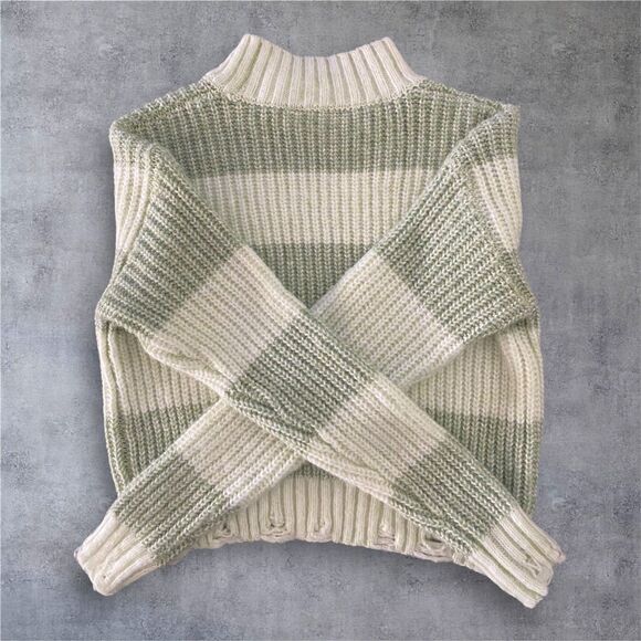 Sage & Cream Chunky Striped Knit Sweater – Mock Neck, Distressed Hem (Size M) - Picture 4 of 14
